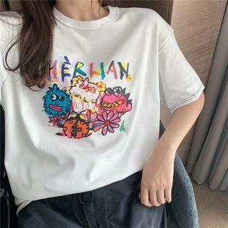 Monster Print Elbow-sleeve T-shirt White - One Size