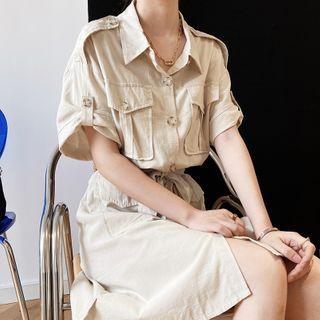 Short-sleeve Belted Midi Cargo Shirtdress