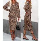 Tiger Print Puff Sleeve Midi Dress