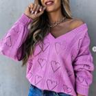 Long Sleeve V-neck Pointelle Knit Loose-fit Sweater