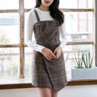 Set : Long-sleeve T-shirt + Plaid Sleeveless Dress