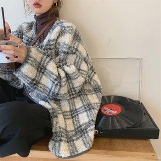 Plaid Fleece Jacket Plaid - White - One Size