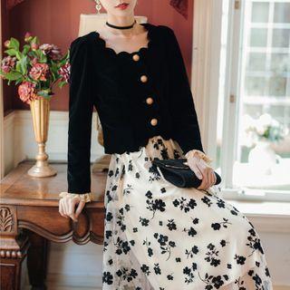 Set: Velvet Blouse + Floral Print Midi A-line Skirt