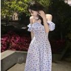 Off-shoulder Floral Midi A-line Dress Blue Floral - White - One Size