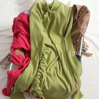 Mock-neck Ribbed Drawstring Knit Dress