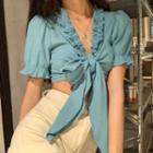 Short-sleeve Knotted Crop Top Blue - One Size