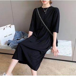 Elbow-sleeve Midi A-line T-shirt Dress Black - One Size