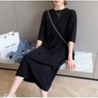 Elbow-sleeve Midi A-line T-shirt Dress Black - One Size