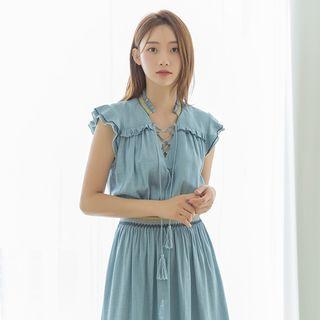 Tasseled Frill-trim Stitched Long Dress