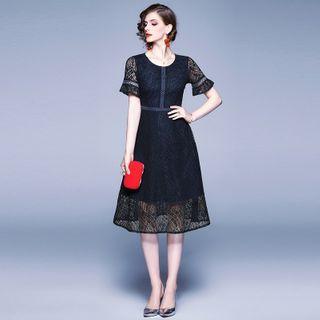 Short-sleeve Midi A-line Lace Cocktail Dress