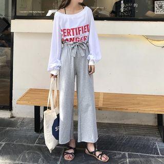 Lettering Long-sleeve T-shirt / High Waist Wide-leg Pants