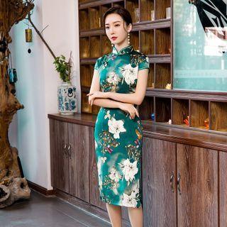 Cap-sleeve Flower Print Midi Qipao