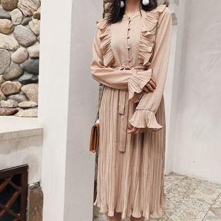 Long-sleeve Dotted Ruffle Chiffon Dress