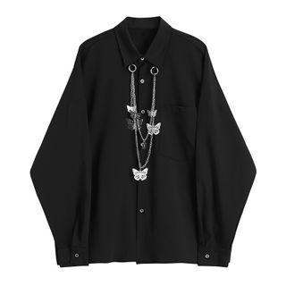 Plain Long-sleeve Shirt With Chain Black - One Size