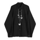 Plain Long-sleeve Shirt With Chain Black - One Size
