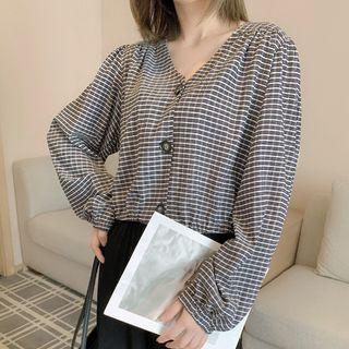 Button-up Plaid Blouse Black - M