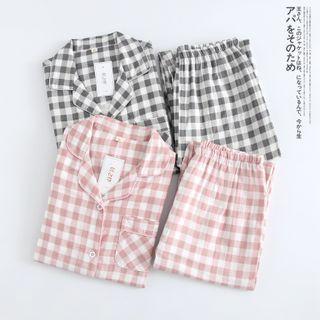 Loungewear Set : Long-sleeve Plaid Top + Pants
