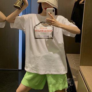 Lettering Elbow-sleeve T-shirt / Knit Shorts
