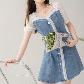 Short-sleeve Contrast Trim Denim Mini A-line Dress