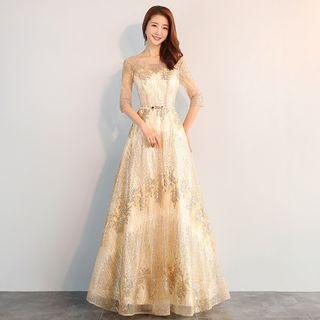 Elbow-sleeve Sequined Mesh Gown