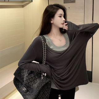 Long-sleeve Plain T-shirt Brown - One Size