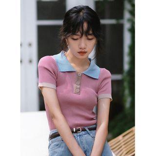 Short-sleeve Polo Knit Top Pink & Blue - One Size