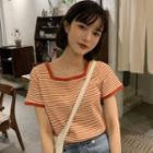 Short-sleeve Striped T-shirt Stripe - Orange - One Size