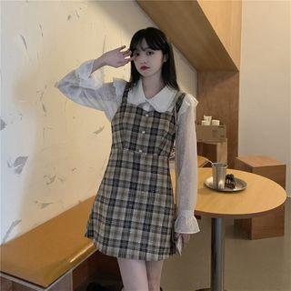 Set: Flared-cuff Lace Blouse + Plaid Jumper Dress