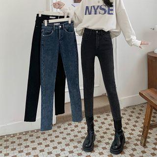 High-waist Flecce-lined Fray-hem Jeans