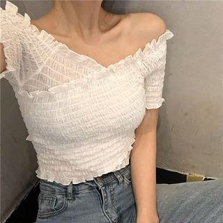 Plain Off-shoulder Slim-fit Short-sleeve Cropped Top