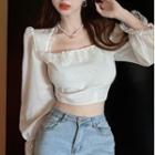 Bell-sleeve Lace Trim Chiffon Blouse White - One Size