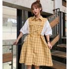 Mock Two-piece Checked Elbow-sleeve Shirtdress