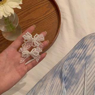 Bow Faux Pearl Lace Earring 1 Pair - Stud Earrings - Silver & White - One Size