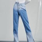 High Waist Asymmetrical Washed Bootcut Jeans