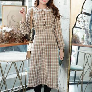 Lace-trim Plaid Long Flare Dress