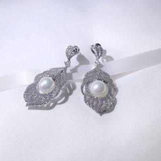 Wedding Faux Pearl Rhinestone Leaf Dangle Earring 1 Pair - Platinum - One Size