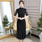 Mandarin Collar Short-sleeve Midi Lace Dress