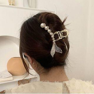Faux Pearl Rhinestone Fishtail Hair Claw Silver - One Size
