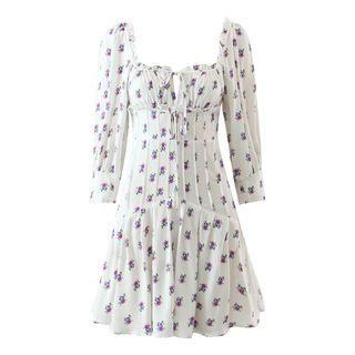 Floral Print Square Neck Long Sleeve A-line Mini Dress