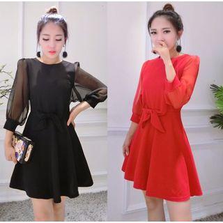 Bow Accent Mesh Panel 3/4 Sleeve Dress