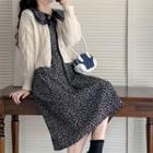 Puff-sleeve Floral Print A-line Dress / Cable Knit Cardigan