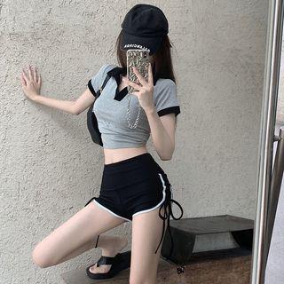 V-neck Cropped Top / High-waist Lace-up Shorts