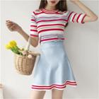 Set: Short-sleeve Striped Knit Top + A-line Skirt