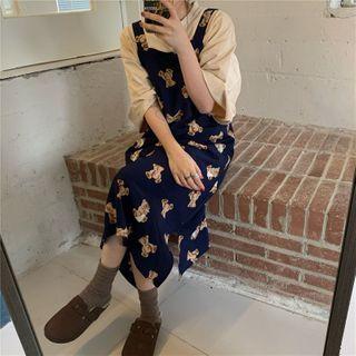 Strappy Bear Print Midi A-line Dress Navy Blue - One Size