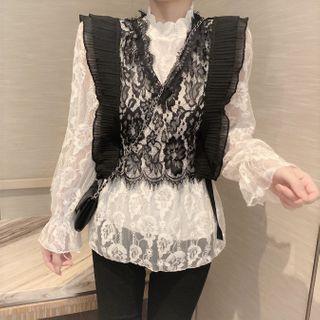 Mock Two Piece Lace Blouse As Shown In Figure - One Size