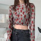 Long-sleeve Floral Print Open-back Crop Top Red Floral - Gray - One Size