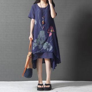 Short-sleeve Layered Midi A-line Dress