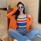 Plain Knit Long-sleeve Jacket / Color-block Striped Strap Top