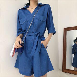 Buttoned Elbow-sleeve Playsuit