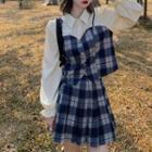 Bell-sleeve Plaid Panel Shirt / Pleated Mini A-line Skirt